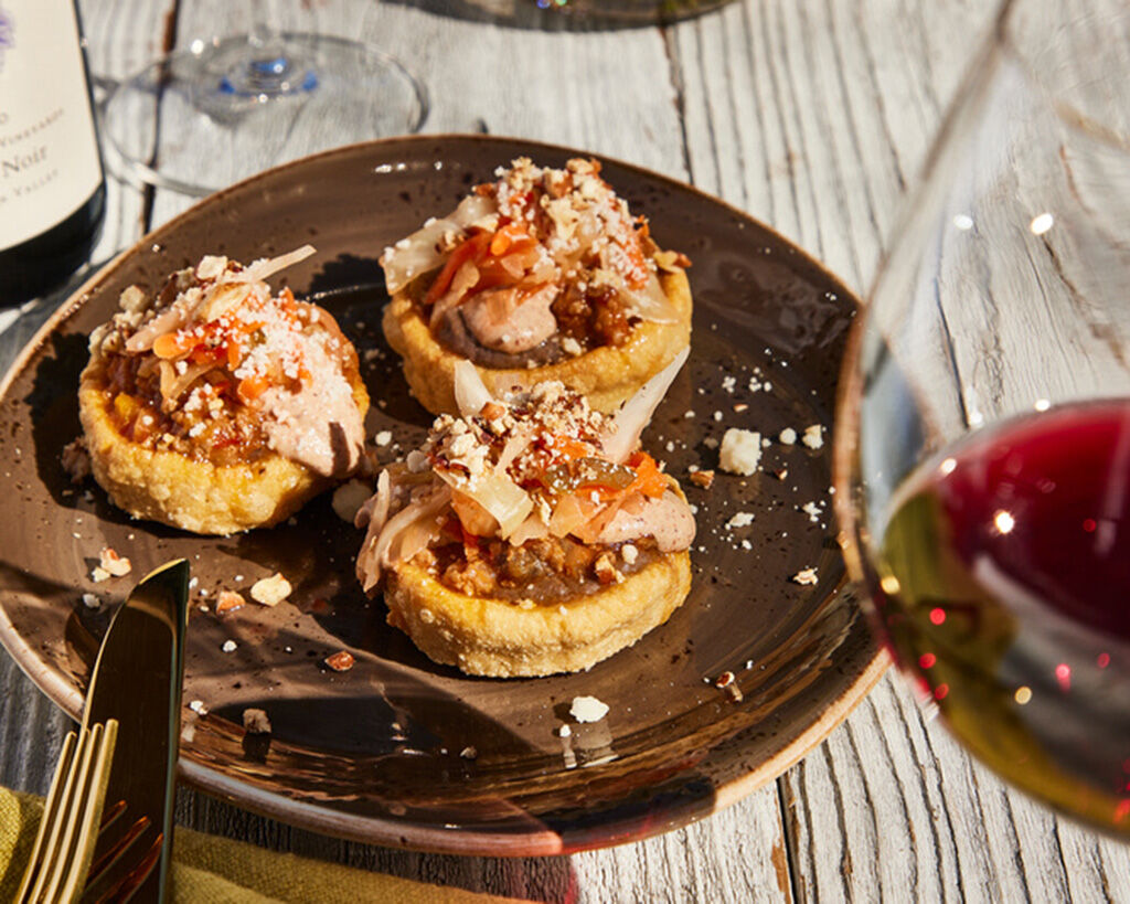Mexican Sopes with Duck Picadillos and Pecan Crema