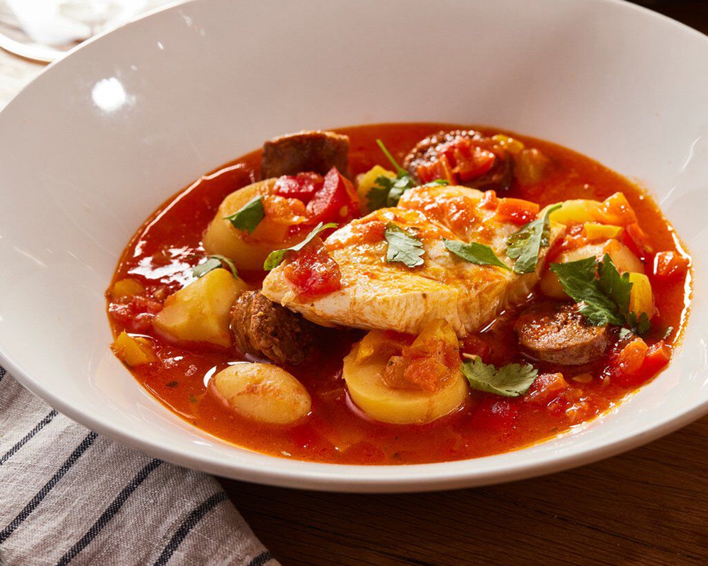Halibut with Chorizo, Fingerling Potatoes and Spicy Tomato Broth