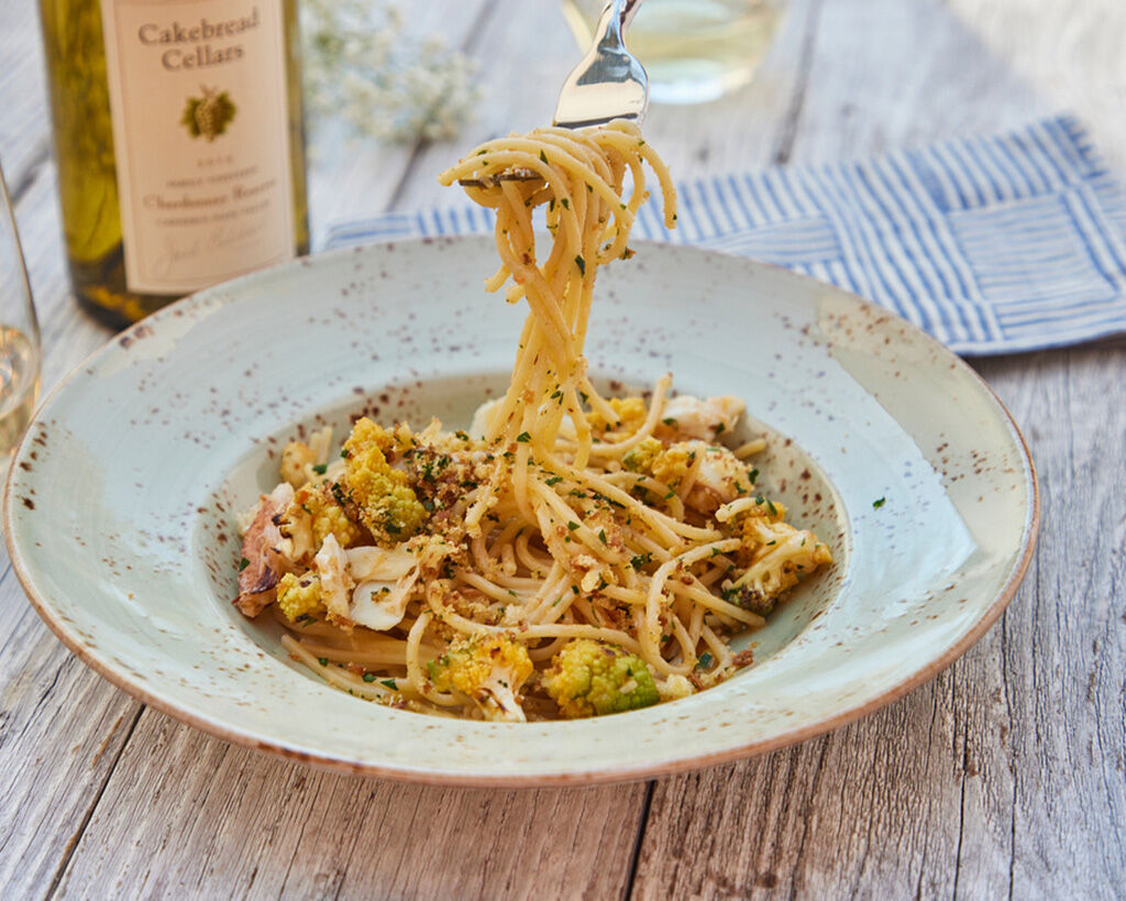 Spaghetti with Dungeness Crab, Romanesco Brocoli & Garlic Breadcrumbs