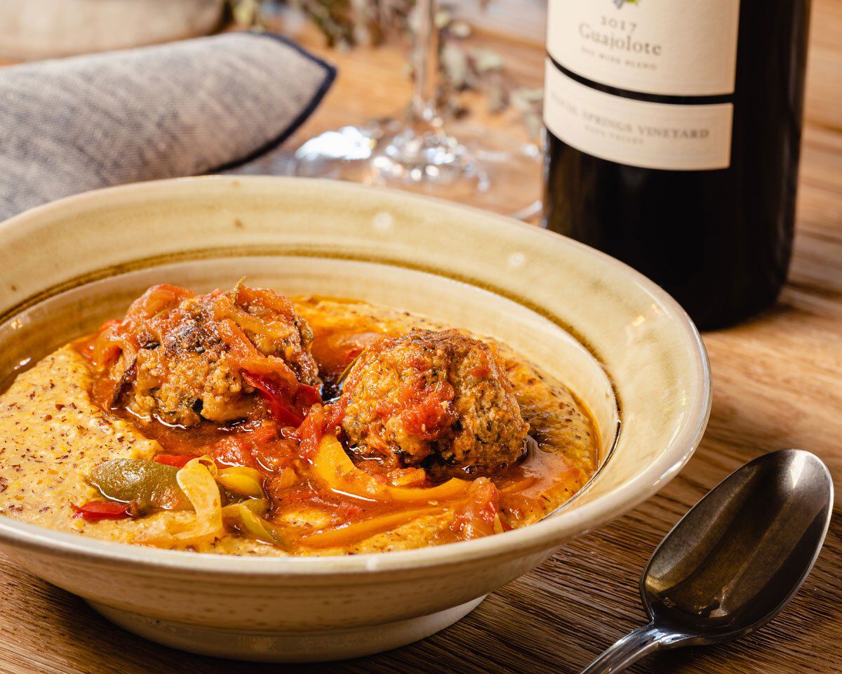 Pork Meatballs with Braised Peppers and Onions