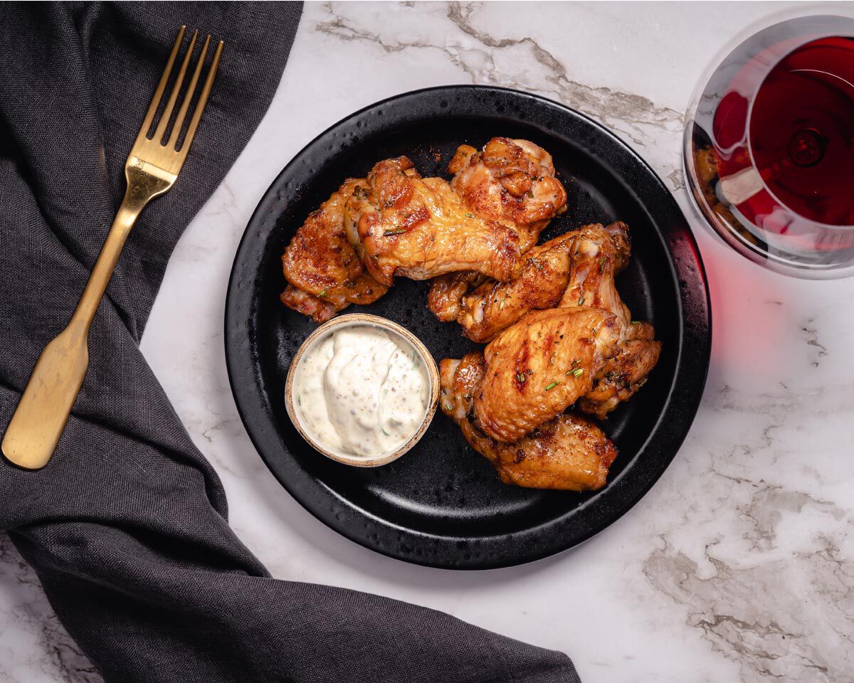 Maple Smoked Chicken Wings with Herbed Crème Fraiche and Chardonnay Salt