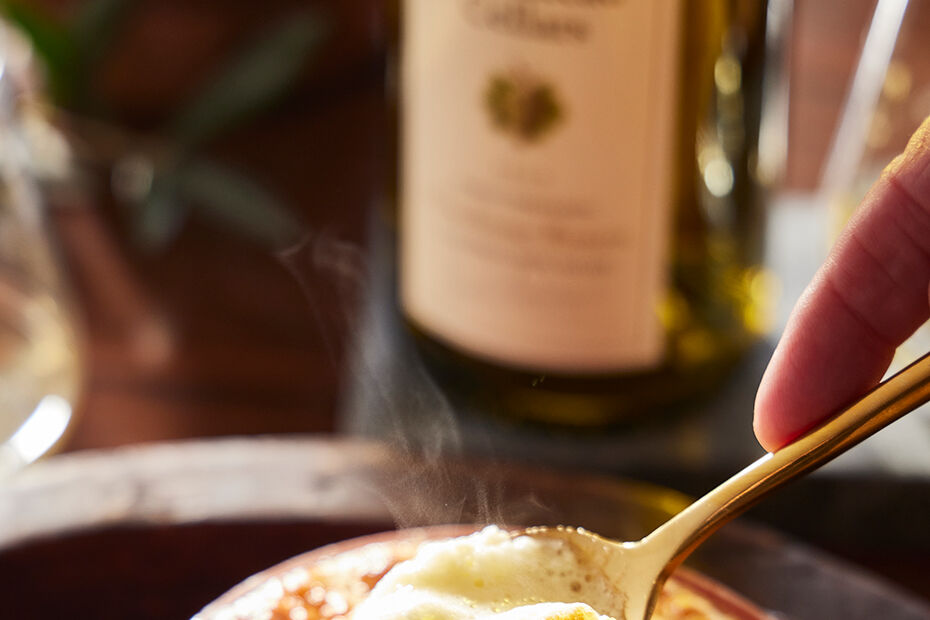 French Onion Soup Topped with Gruyere Soufflé