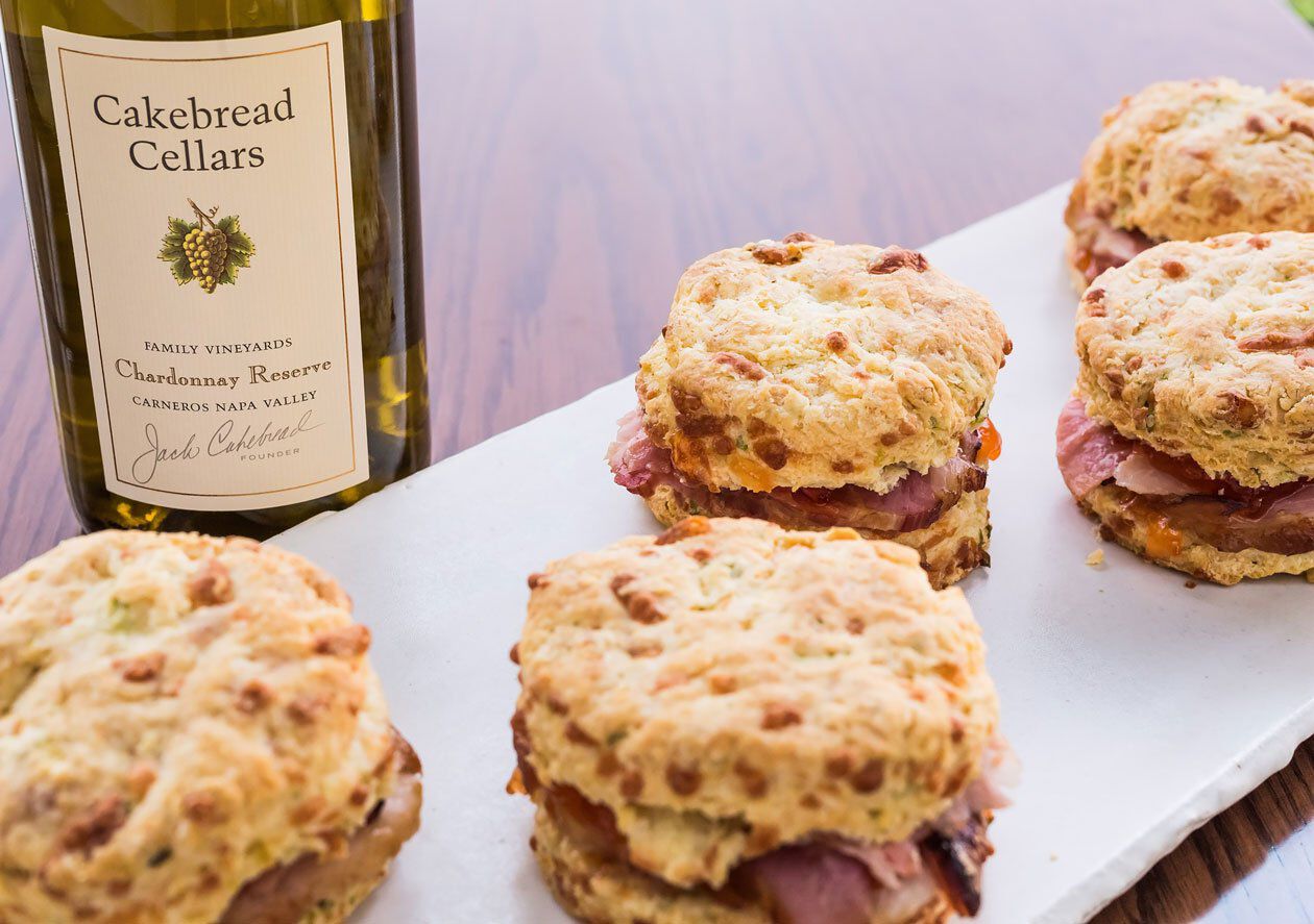 Carmody Cheese and Green Onion Biscuits with Smoked Ham and Red Pepper Jelly