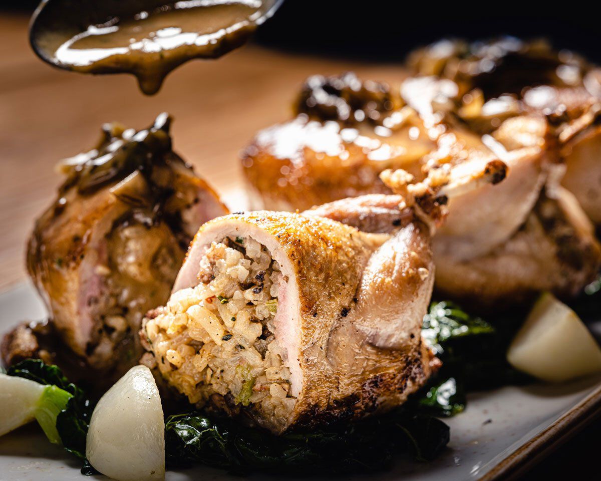 Stuffed Quail with Dirty Rice and Wild Mushroom Gravy