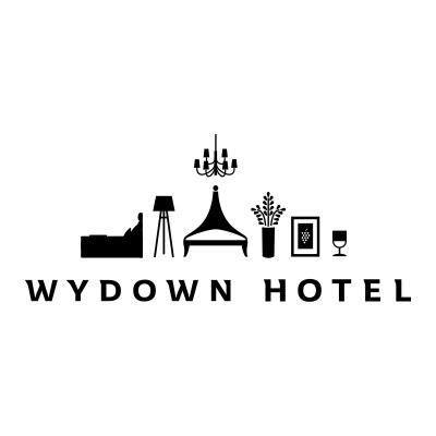 A lush, elegant logo featuring a chandelier, wine glass, and decorative elements representing Wydown Hotel, associated with C.