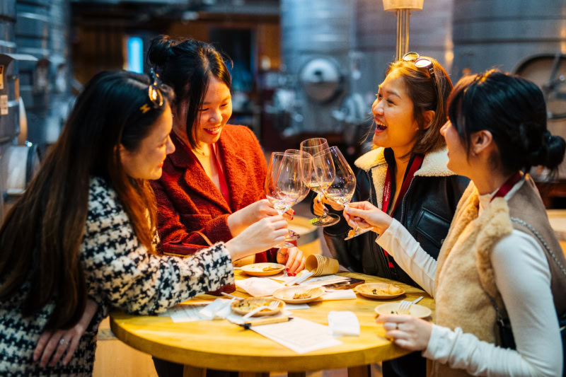 Four women cheersing with wine glasses.