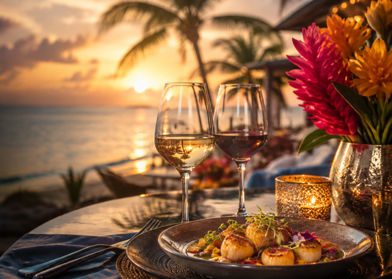A plate of scallops and two glasses of wine on a table on the beach with the ocean and a sunset behind