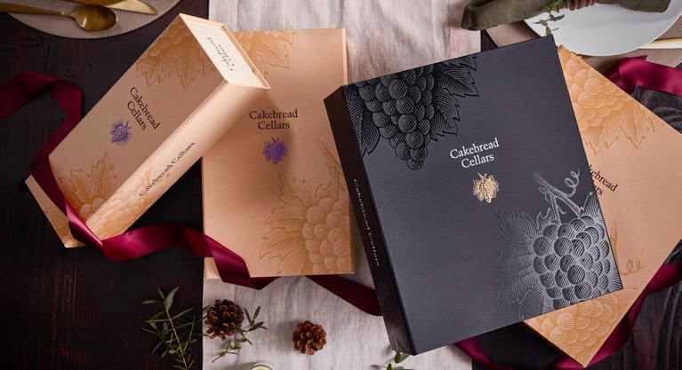 Elegant Cakebread Cellars gift box with wine bottles and packaging for holiday gifting.
